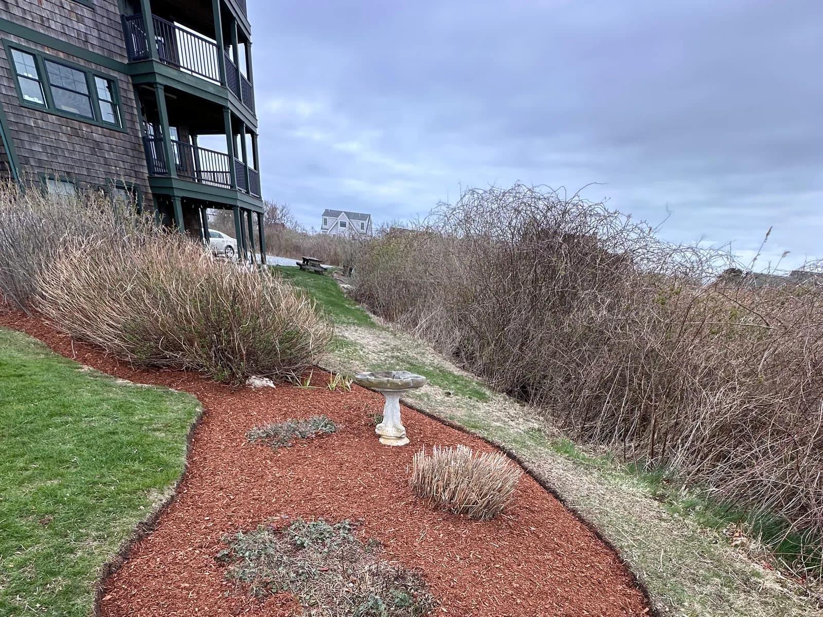An Aldo Unlimited red-mulch bed in Norwich, CT — a circular bed with fresh mulch at a residential property along an inland edge.